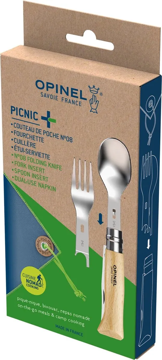 Opinel Picnic Plus reisbestek - 4-delig - RVS/beukenhout - zakmes