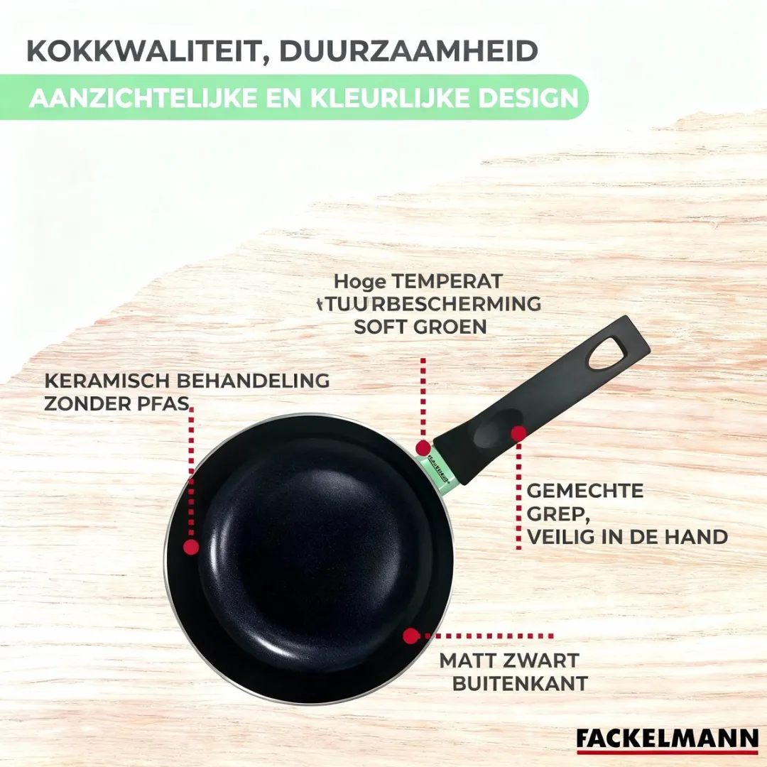 Fackelmann 9430050 Kookset - 1 Pan 28cm + 3 Potten 16/18/20cm - Antiaanbakkeramiek - PFAS-vrij - Zwart/Groen