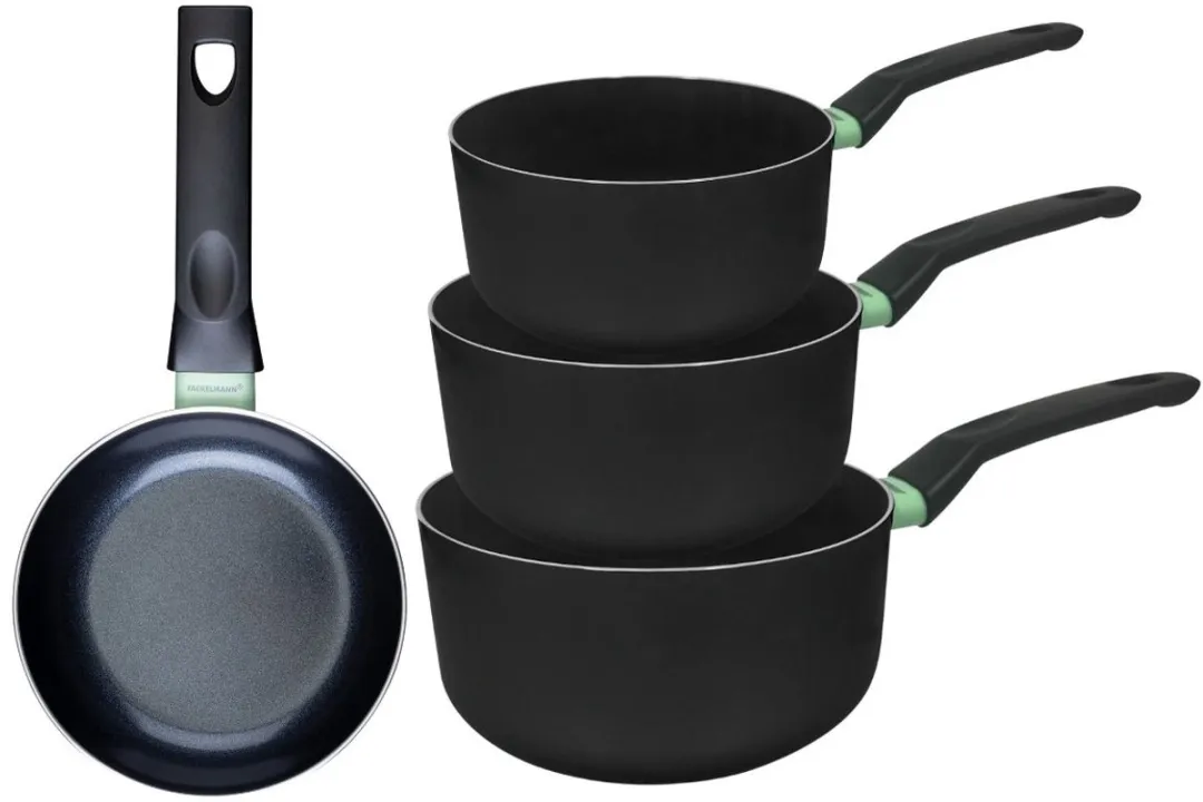Fackelmann 9430050 Kookset - 1 Pan 28cm + 3 Potten 16/18/20cm - Antiaanbakkeramiek - PFAS-vrij - Zwart/Groen