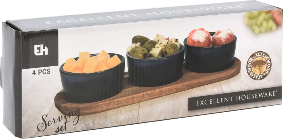 Excellent Houseware Serveerset op plank 4-delig - Blauw