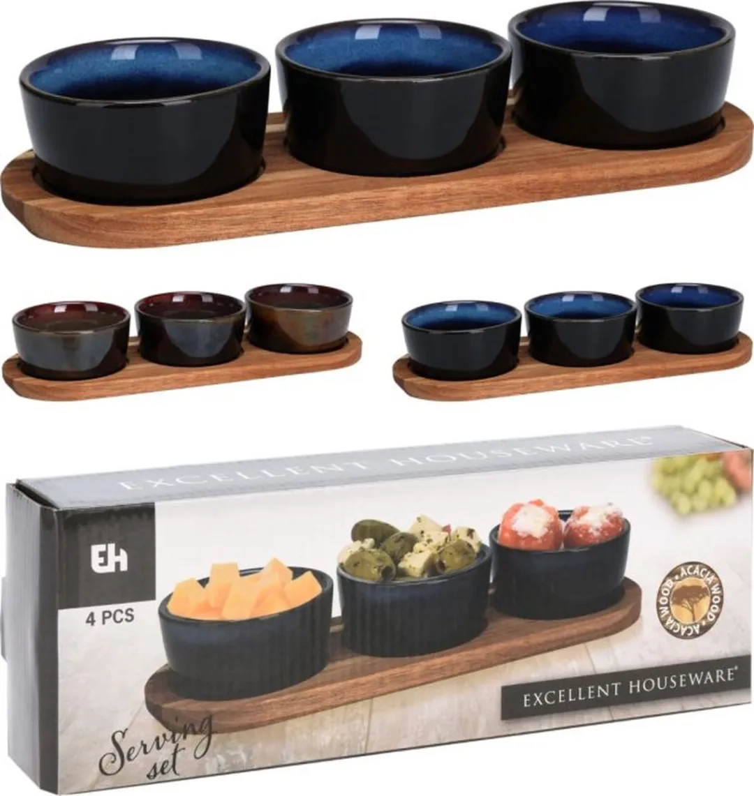 Excellent Houseware Serveerset op plank 4-delig - Blauw