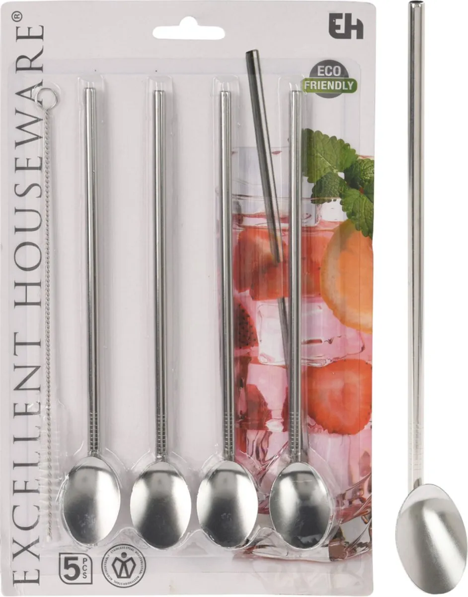 Excellent Houseware Herbruikbare RVS Lepel Rietjes - 4 Stuks - Zilver