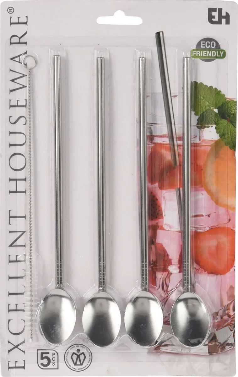 Excellent Houseware Herbruikbare RVS Lepel Rietjes - 4 Stuks - Zilver