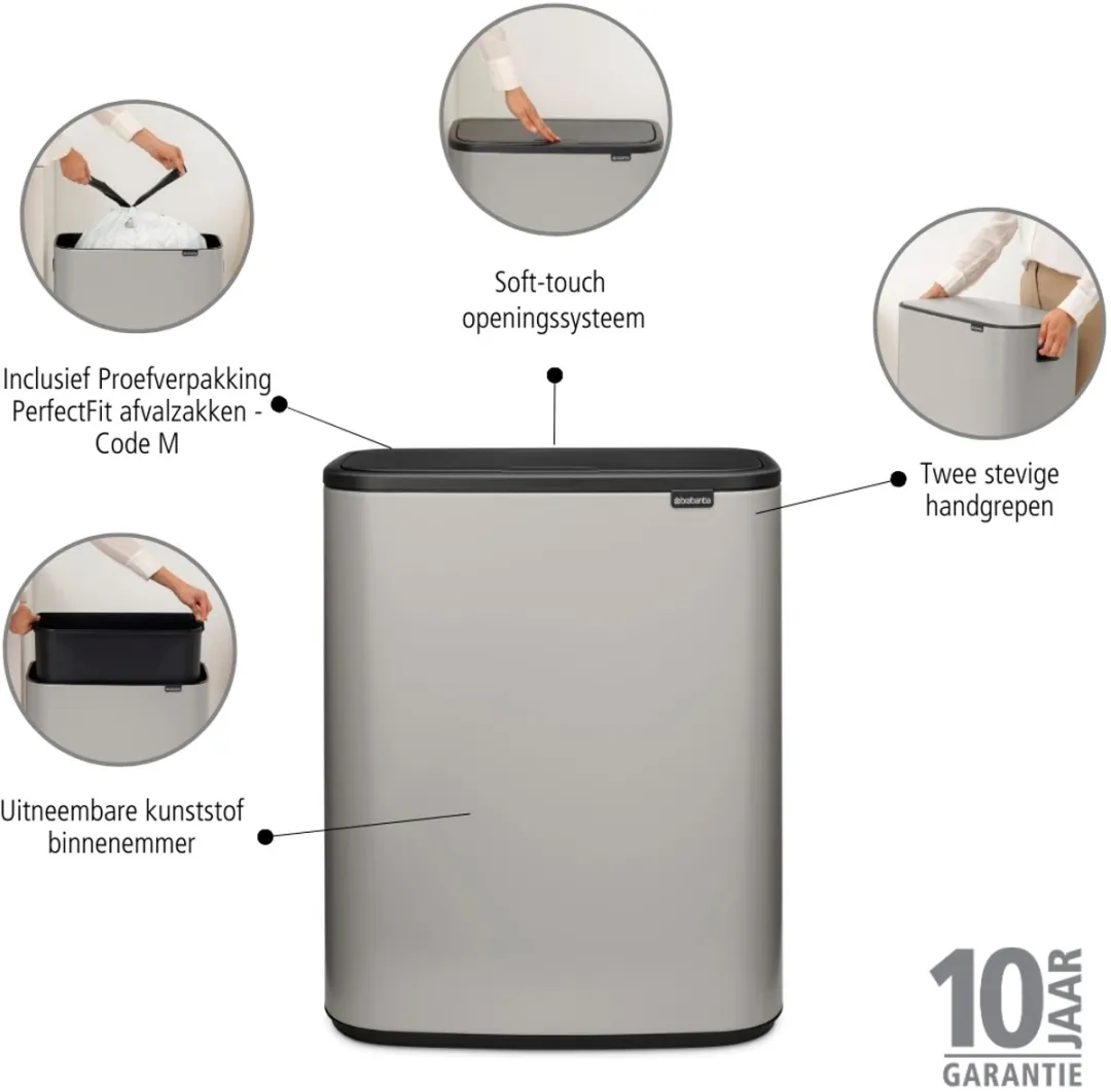 Brabantia Bo Touch Bin Prullenbak 60L - 1 Vak - Soft Grey