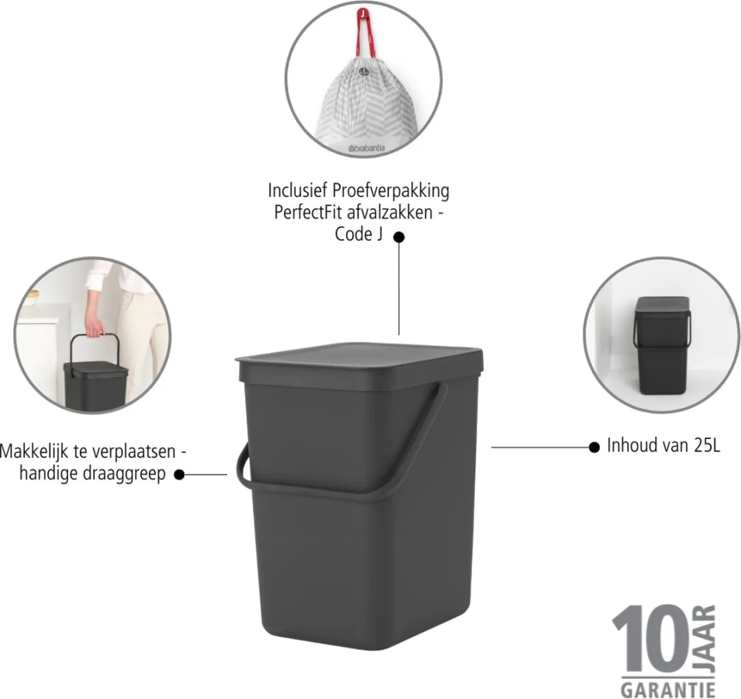 Brabantia Sort & Go Prullenbak 25L - Dark Grey