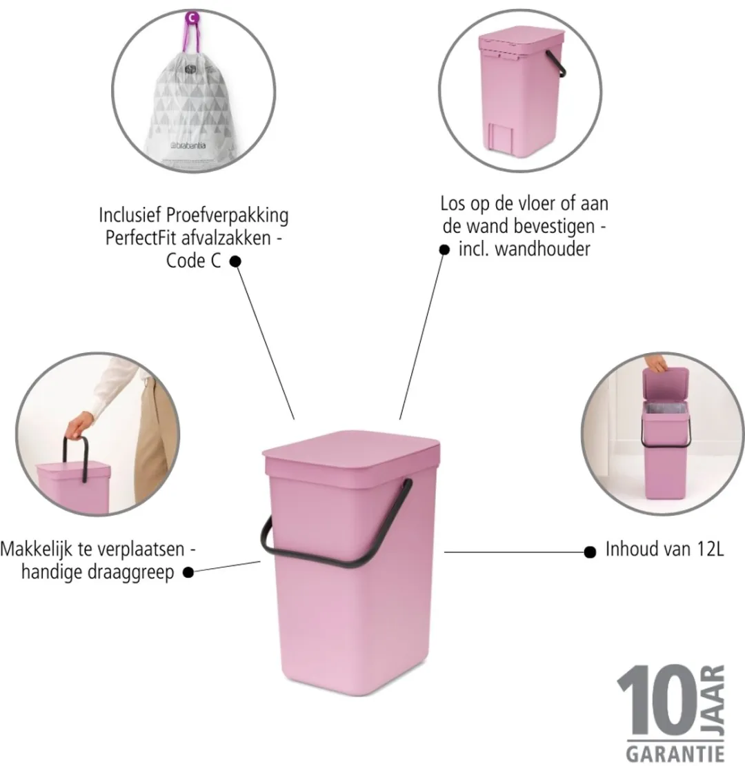 Brabantia Sort & Go Prullenbak 12L - Lilac Pink - afbeelding 6 van 6