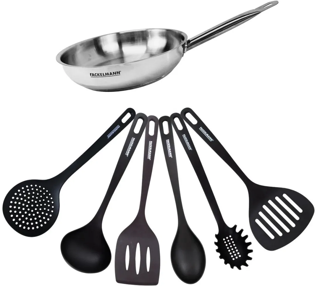 Fackelmann 9437150 Kookset - 24cm Roestvrijstalen Pan + 6 Keukengerei