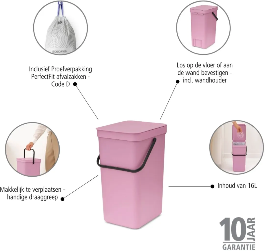 Brabantia Sort & Go Prullenbak 16L - Lilac Pink - afbeelding 6 van 6