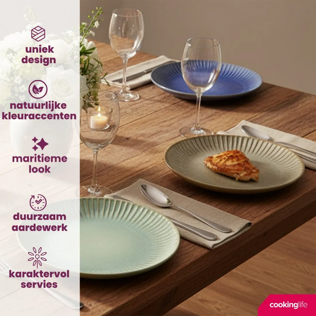 Cookinglife Dinerborden Aqua Maris – Set van 6 Ø 26 cm – Aardewerk, Handgemaakte Uitstraling – Vaatwasser- & Magnetronbestendig