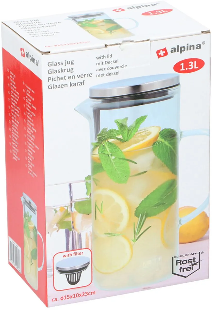 Alpina Waterkaraf met Filter 1,3L - 2 Stuks - Transparant