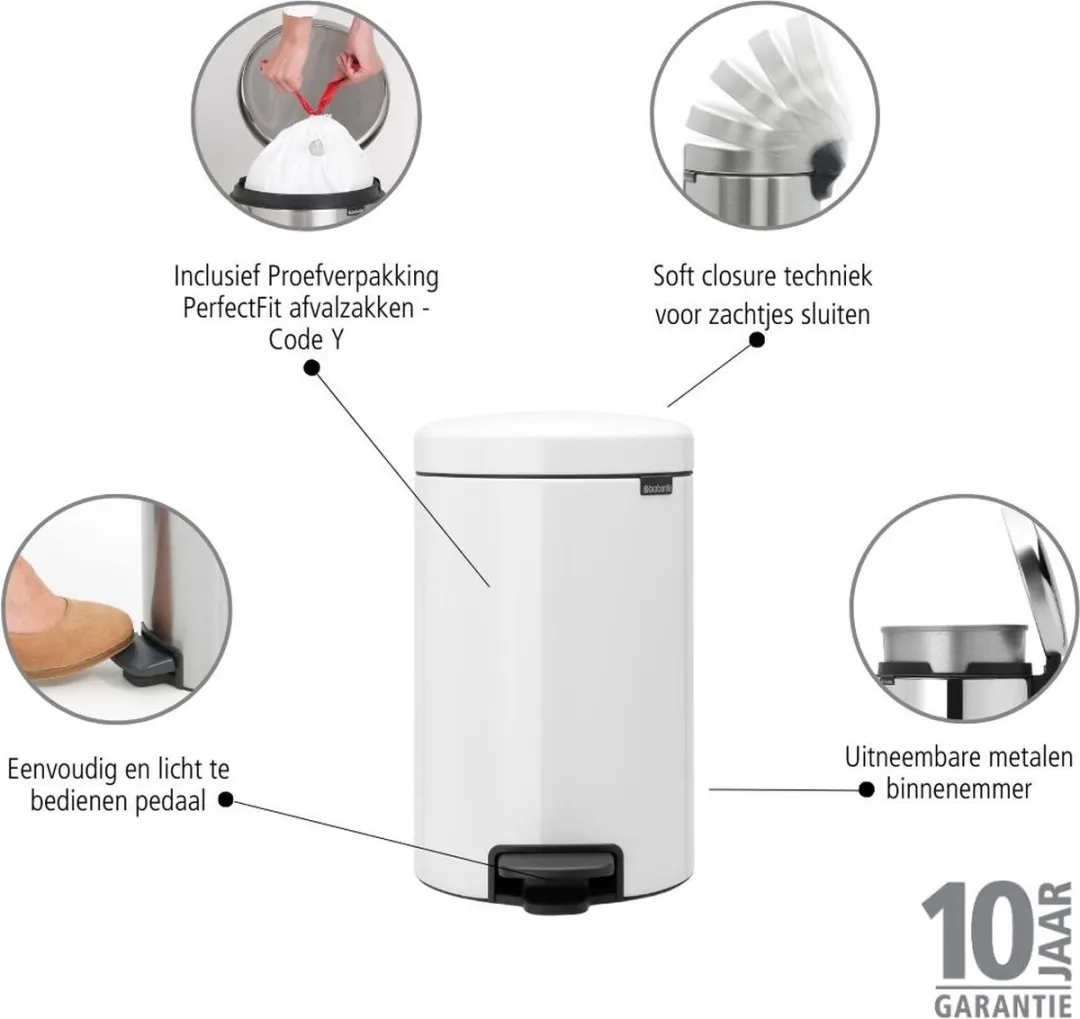Brabantia NewIcon Prullenbak 20L - Wit met metalen binnenemmer