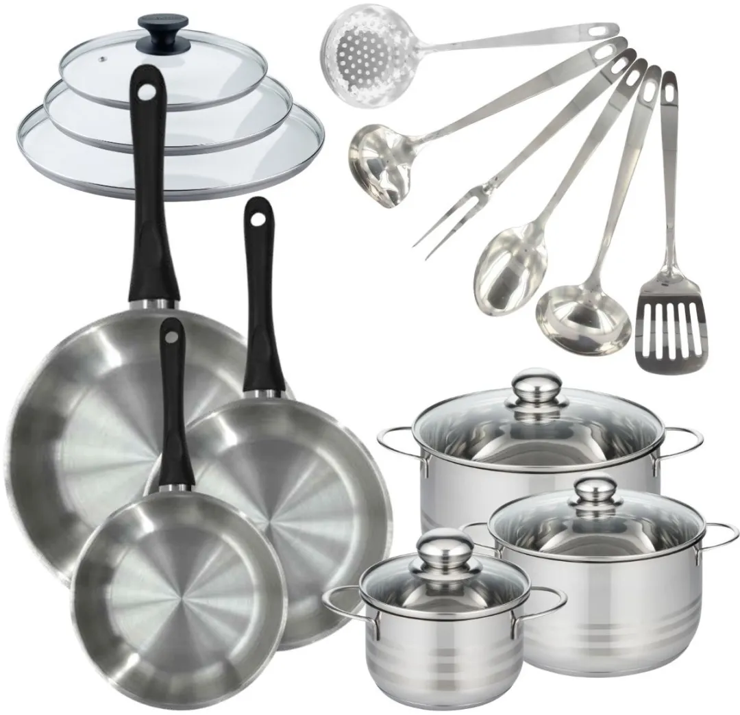 Fackelmann 9359350 Kookset - 3 Pannen & 3 Potten 16-28cm - Roestvrij Staal & Glas - Zwart