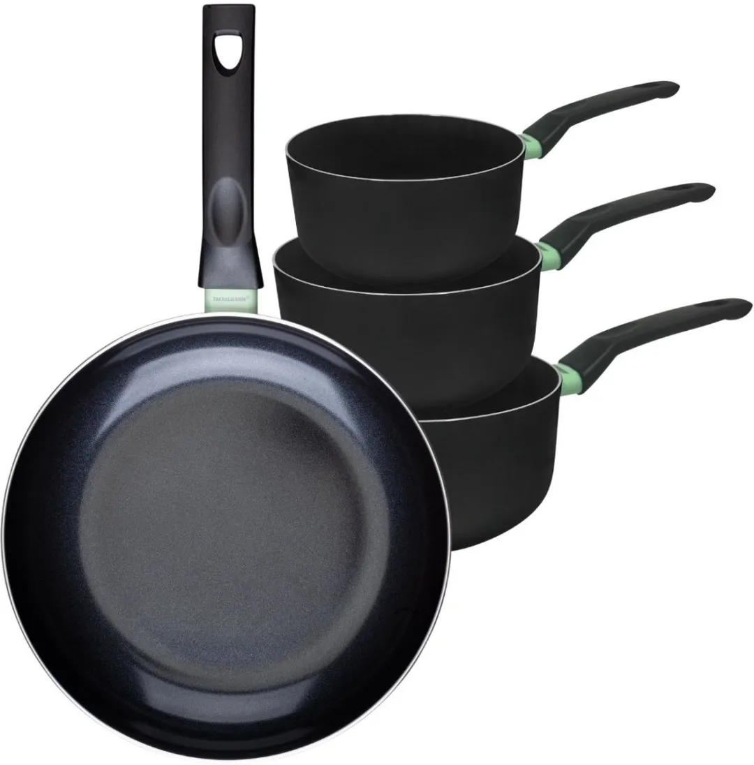 Fackelmann 9430450 Kookset - 4 Stuks 16/18/20/28cm - Keramische antiaanbaklaag - PFAS-vrij - Zwart/Groen