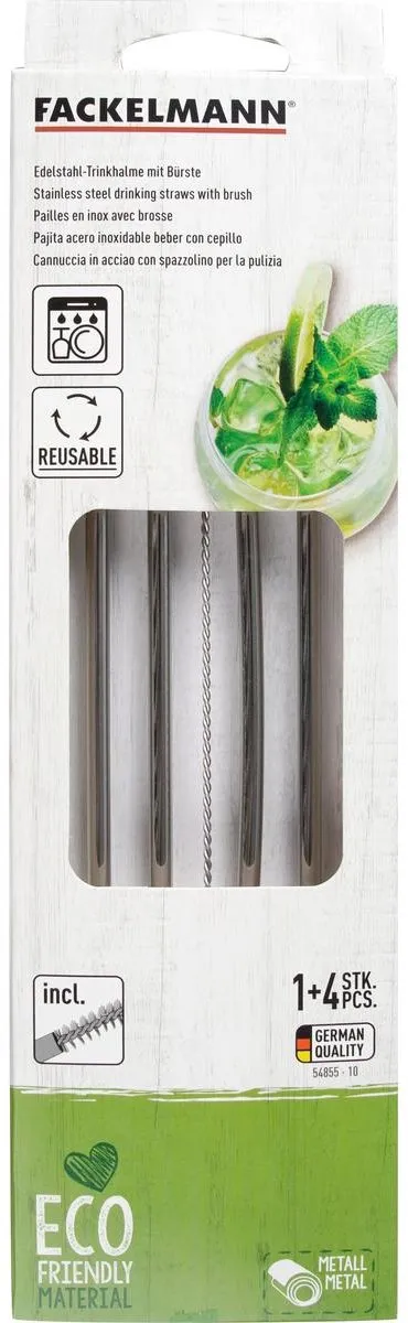 Fackelmann Herbruikbare Rietjes Set 4 Stuks - 24cm - Zilverkleurig