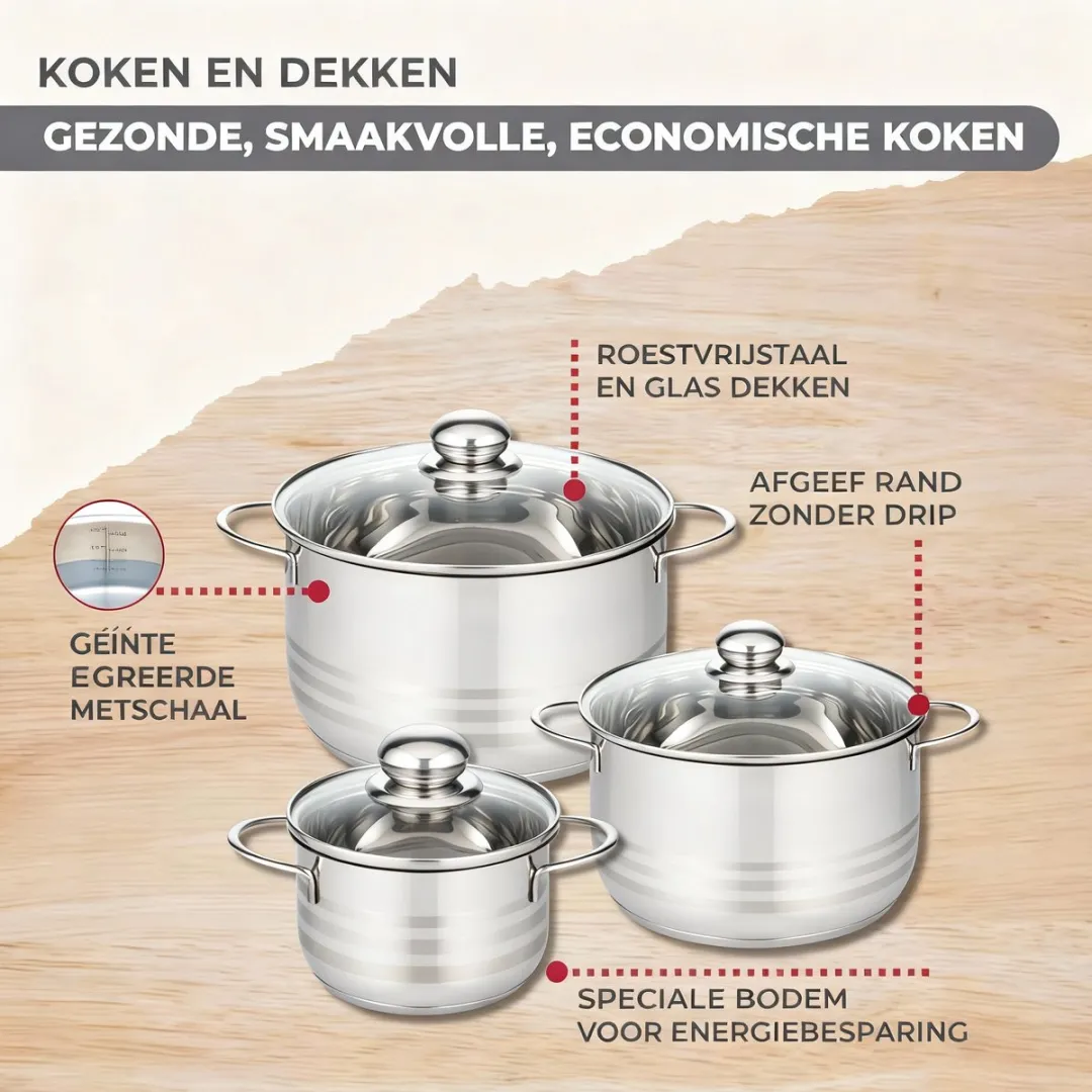 Fackelmann 9202850 Braad- en Steelpanset - 3+3 Stuks - Roestvrij staal