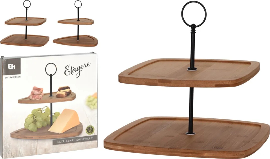 Excellent Houseware Madrid Etagere - 2 lagen - Hout - Ø25cm