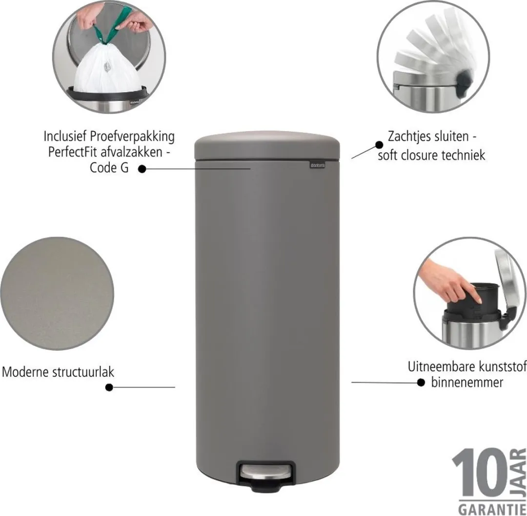 Brabantia NewIcon Prullenbak 30L - Mineral Concrete Grey - afbeelding 6 van 6