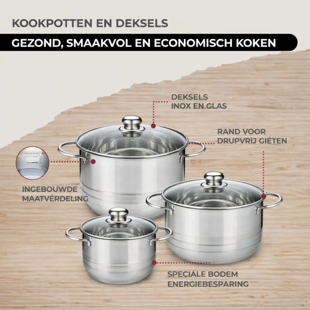 Fackelmann Kookset 9353750 - 1 Pan 28cm + 3 Pannen 16/20/24cm + 6 Keukengerei - Roestvrij staal