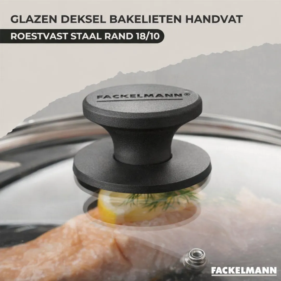 Fackelmann 9440150 Pan 28cm - Roestvrij staal - Glazen deksel - 6 Stuks keukengerei