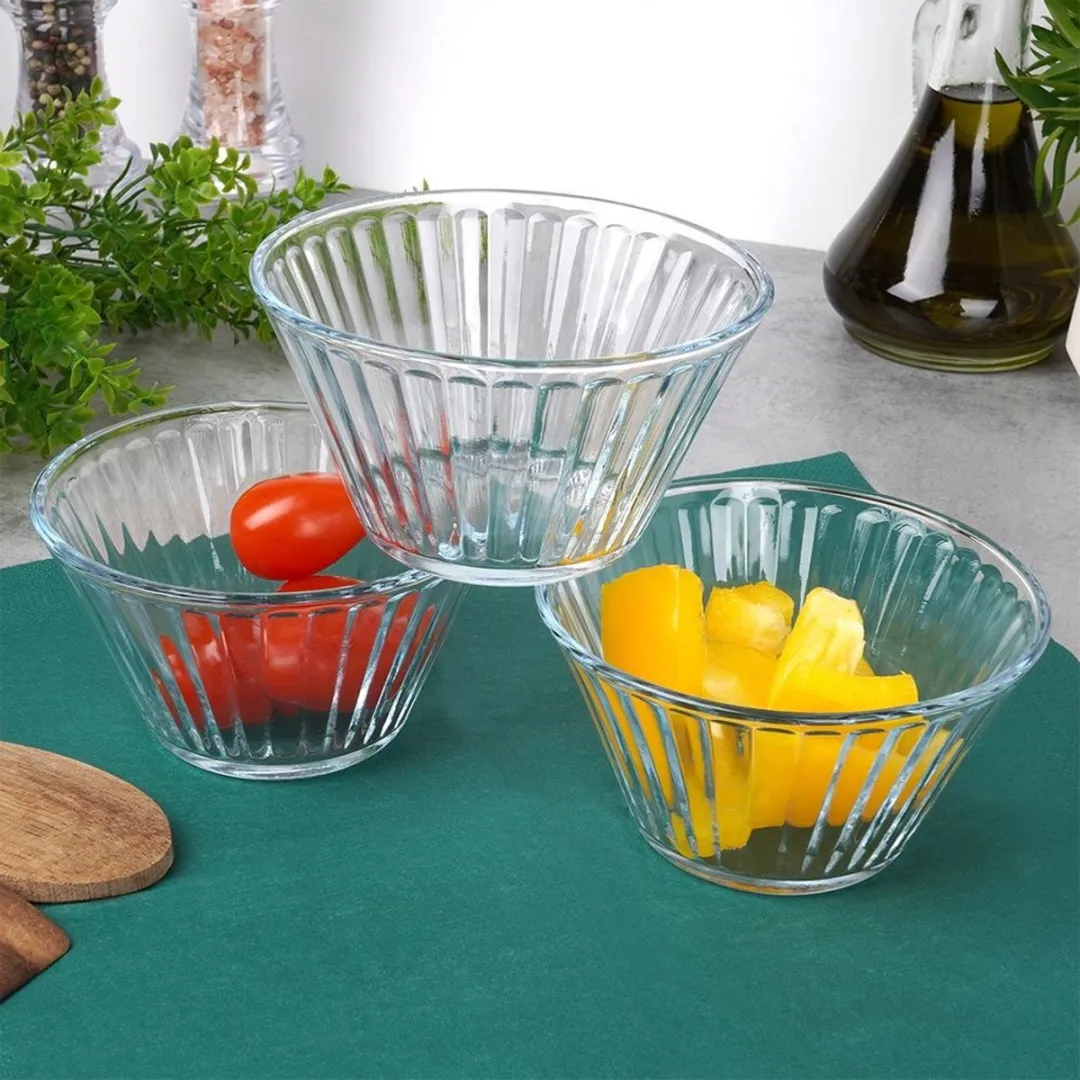 Excellent Houseware Kommetjes 300ml - 3 Stuks - Glas - Streep Relief