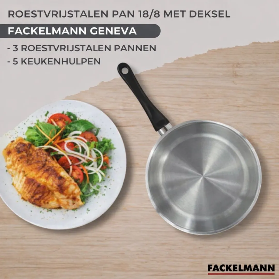 Fackelmann Genève Set 3 Kookpotten 16/20/24cm + Koekenpan 20cm - Roestvrij staal/Zwart