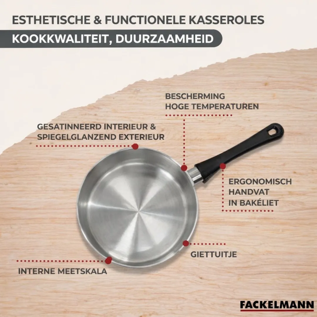 Fackelmann 9444550 Set Roestvrij Staal - 2 Koekenpannen 20/24cm + 3 Steelpannen 12/16/20cm - 6 Keukengerei