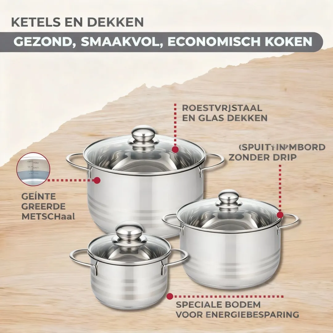 Fackelmann 9355550B88 Kookset 3 Pannen & 3 Potten - Roestvrijstaal 16-28cm