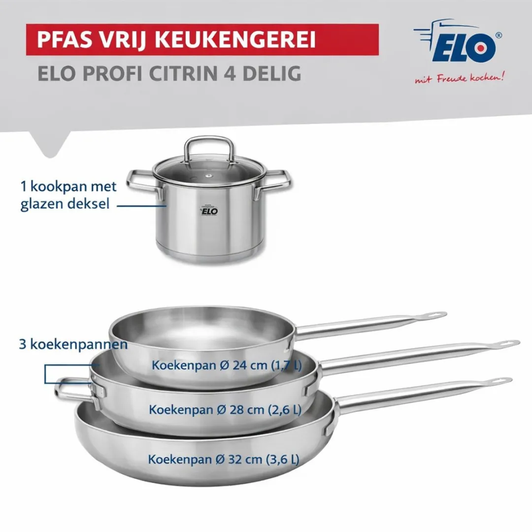 Fackelmann Elo Profi Keukengerei Set 4-delig - 24/28/32cm + 26cm Steelpan - Roestvrij staal
