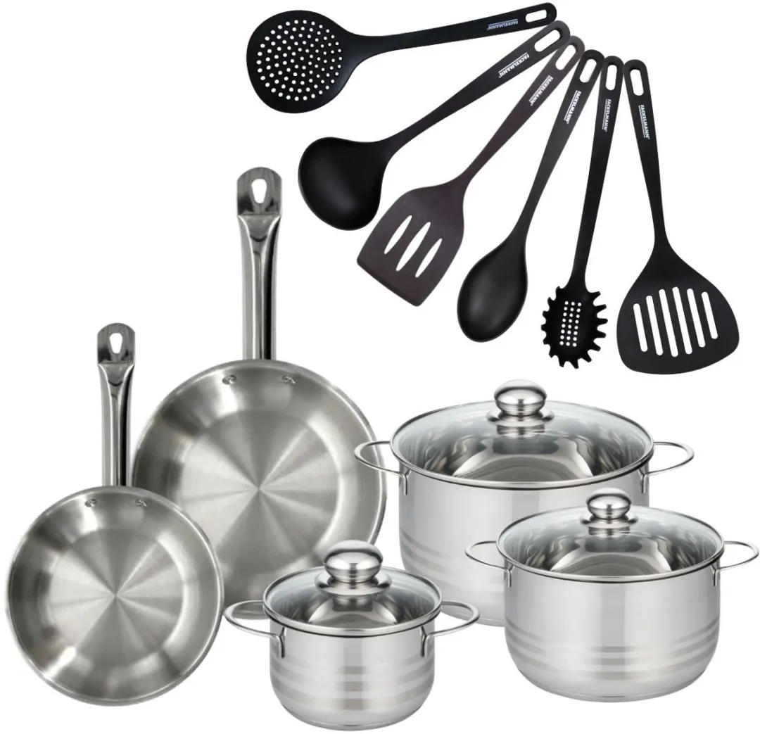 Fackelmann 9352050 Kookset - 2 Pannen 20/24cm + 3 Potten + 6 Keukengerei - Roestvrij staal