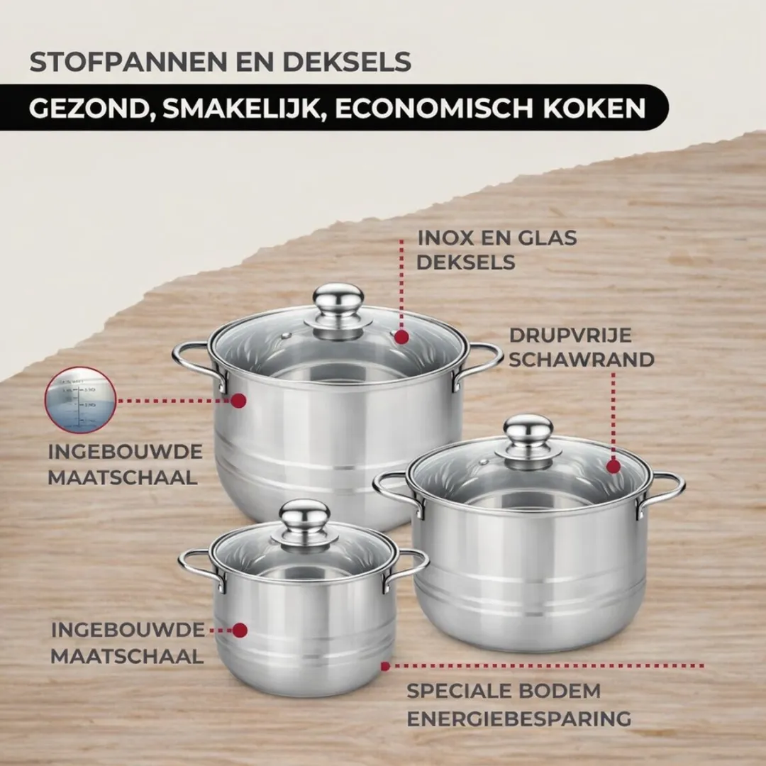 Fackelmann 9352050 Kookset - 2 Pannen 20/24cm + 3 Potten + 6 Keukengerei - Roestvrij staal