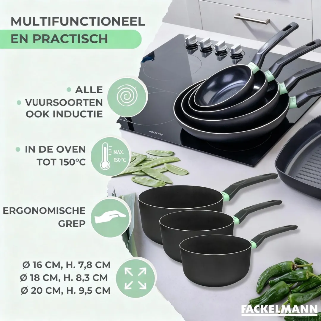 Fackelmann 9432250 Anti-Aanbakpannen Set - 3 Stuks 16/18/20cm - Zwart/ Groen