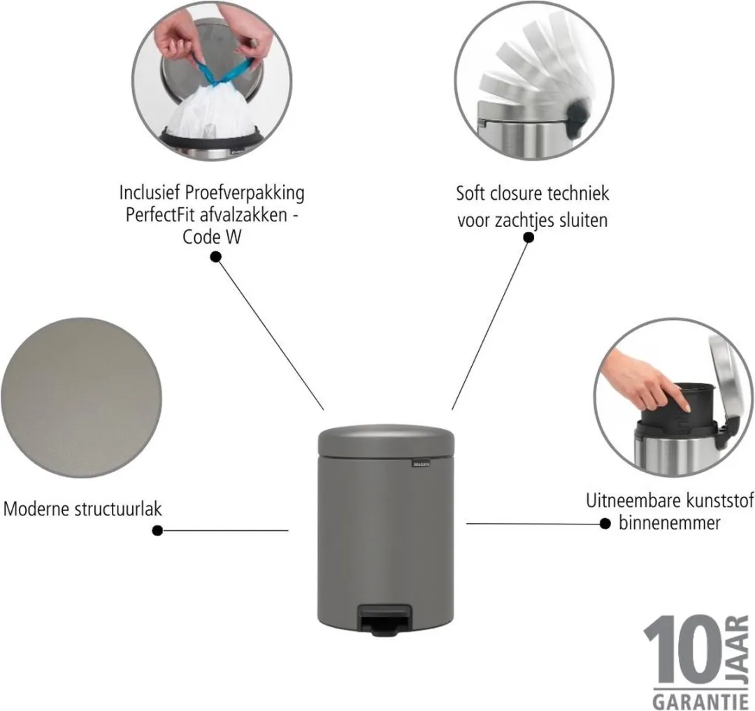 Brabantia NewIcon Prullenbak 5L - Mineral Concrete Grey - afbeelding 6 van 6