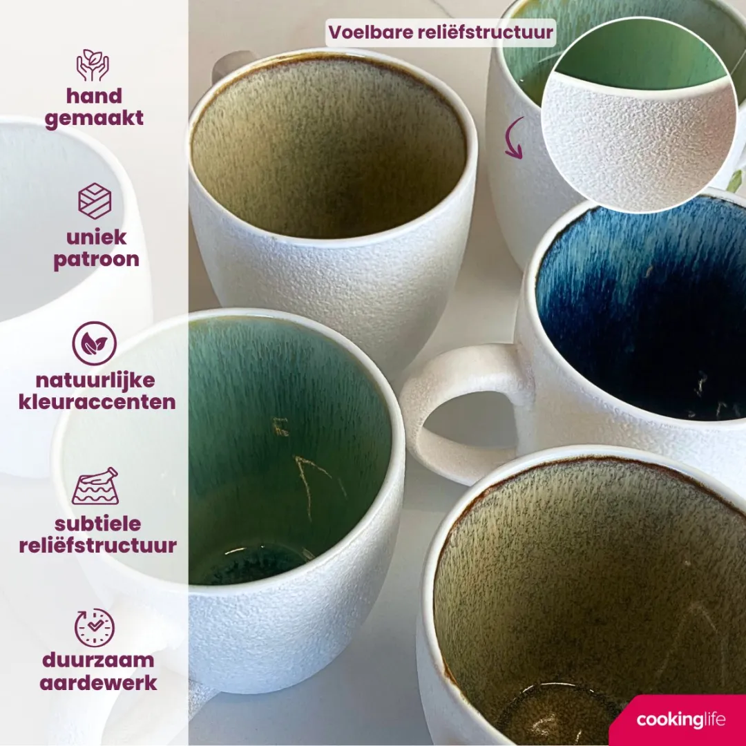 Cookinglife Mok Belize - 6 Stuks 330ml - Blauw/Bruin/Groen/Wit