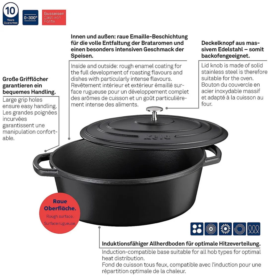 Kela Braadpan Gietijzer Ovaal 36cm - 9.5L - Zwart