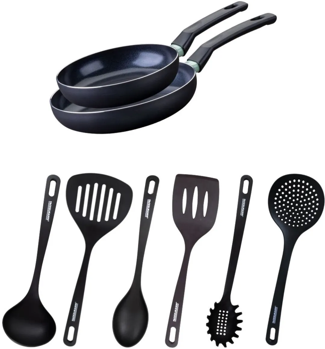 Fackelmann 9431550 Anti-aanbakset 20/24cm - 2 Pannen + 6 Keukengerei - Zwart/ Groen