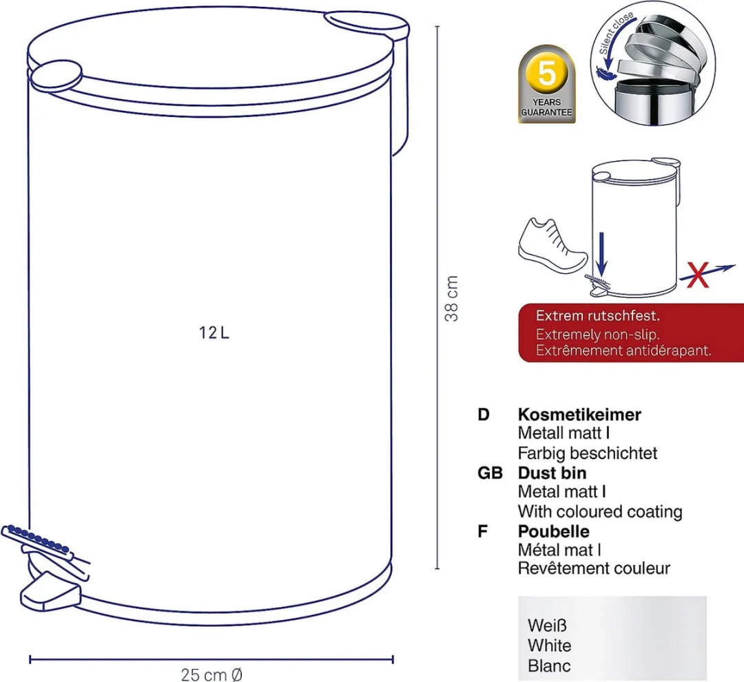 Kela Pedaal Afvalemmer 12L - Wit - MPN 10641