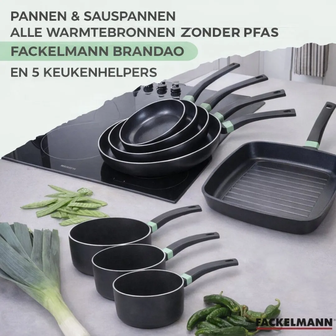 Fackelmann Brandao PFAS-vrij Kookset 2 Pannen & 3 Potten - 28/30cm & 16/18/20cm - Zwart/Groen