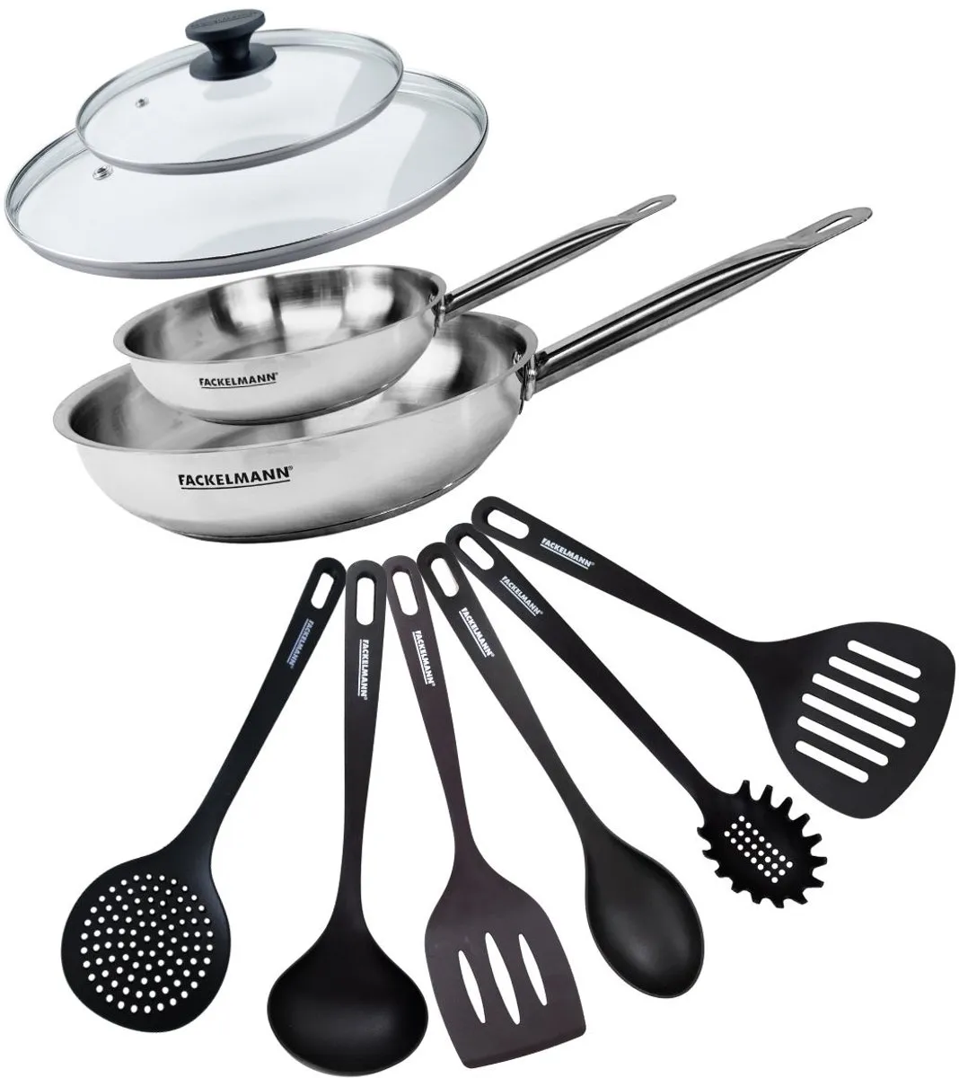 Fackelmann 2-delige Roestvrijstalen Pan Set 20/28cm - met Glazen Deksel & Keukengerei