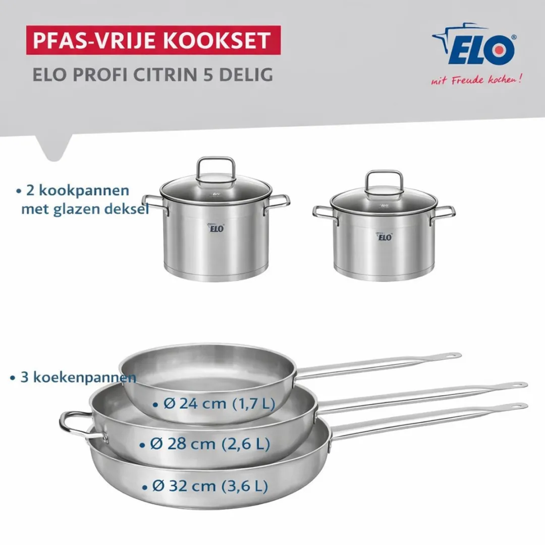 Fackelmann Elo Profi Keukengerei Set 5-delig - 3 Pannen 24/28/32cm + 2 Potten 14/26cm - Roestvrij staal