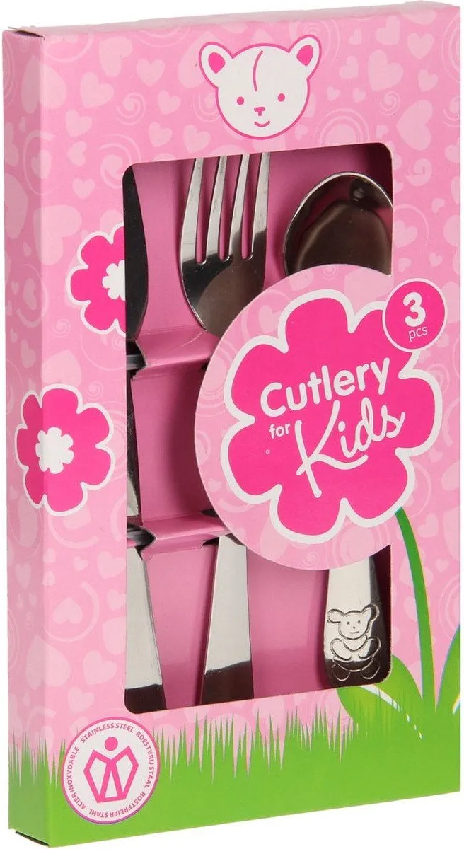 Excellent Houseware Kinder Bestekset Beer - roze doosje - kraamcadeau - 3-delig - zilver - RVS - bestek voor kinderen