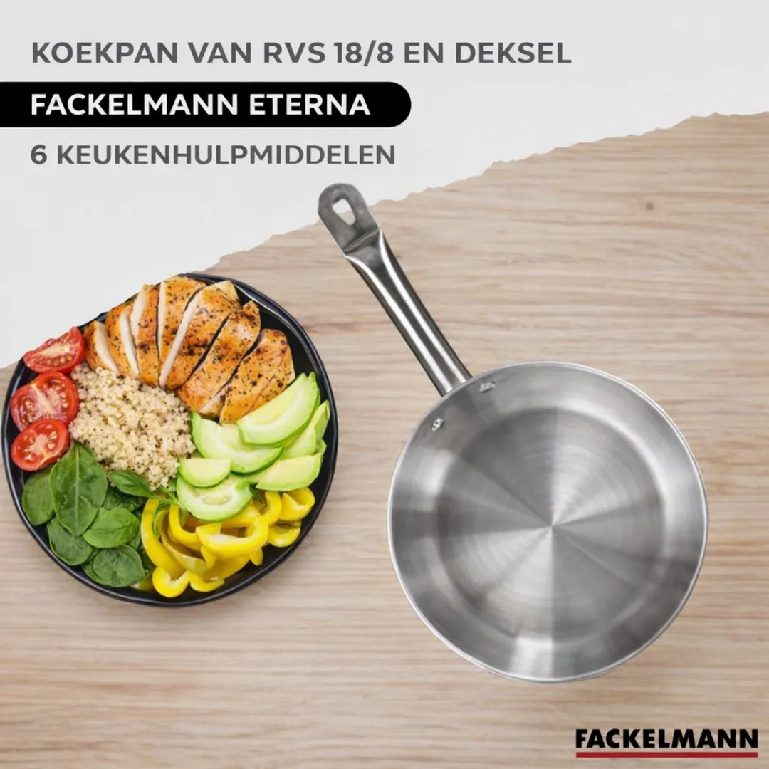 Fackelmann 9439050 Set Roestvrijstalen Pan 28cm - met Glasdeksel & 6 Hulpmiddelen - Inductiegeschikt