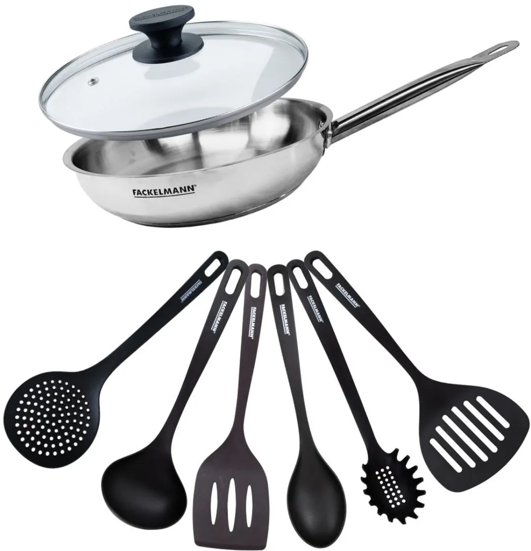 Fackelmann 9439050 Set Roestvrijstalen Pan 28cm - met Glasdeksel & 6 Hulpmiddelen - Inductiegeschikt