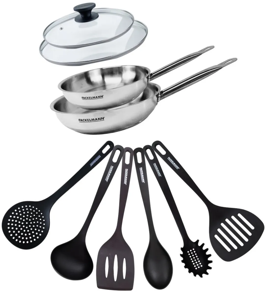Fackelmann 2-delige Roestvrijstalen Pan Set 20/24cm - 2 Glazen Deksel - 6 Keukengerei