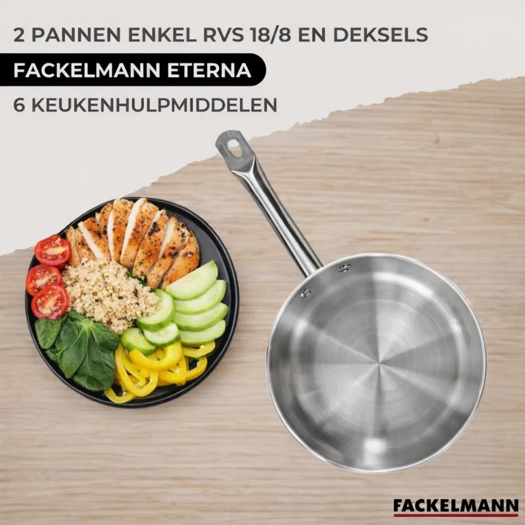 Fackelmann 2-delige Roestvrijstalen Pan Set 20/24cm - 2 Glazen Deksel - 6 Keukengerei