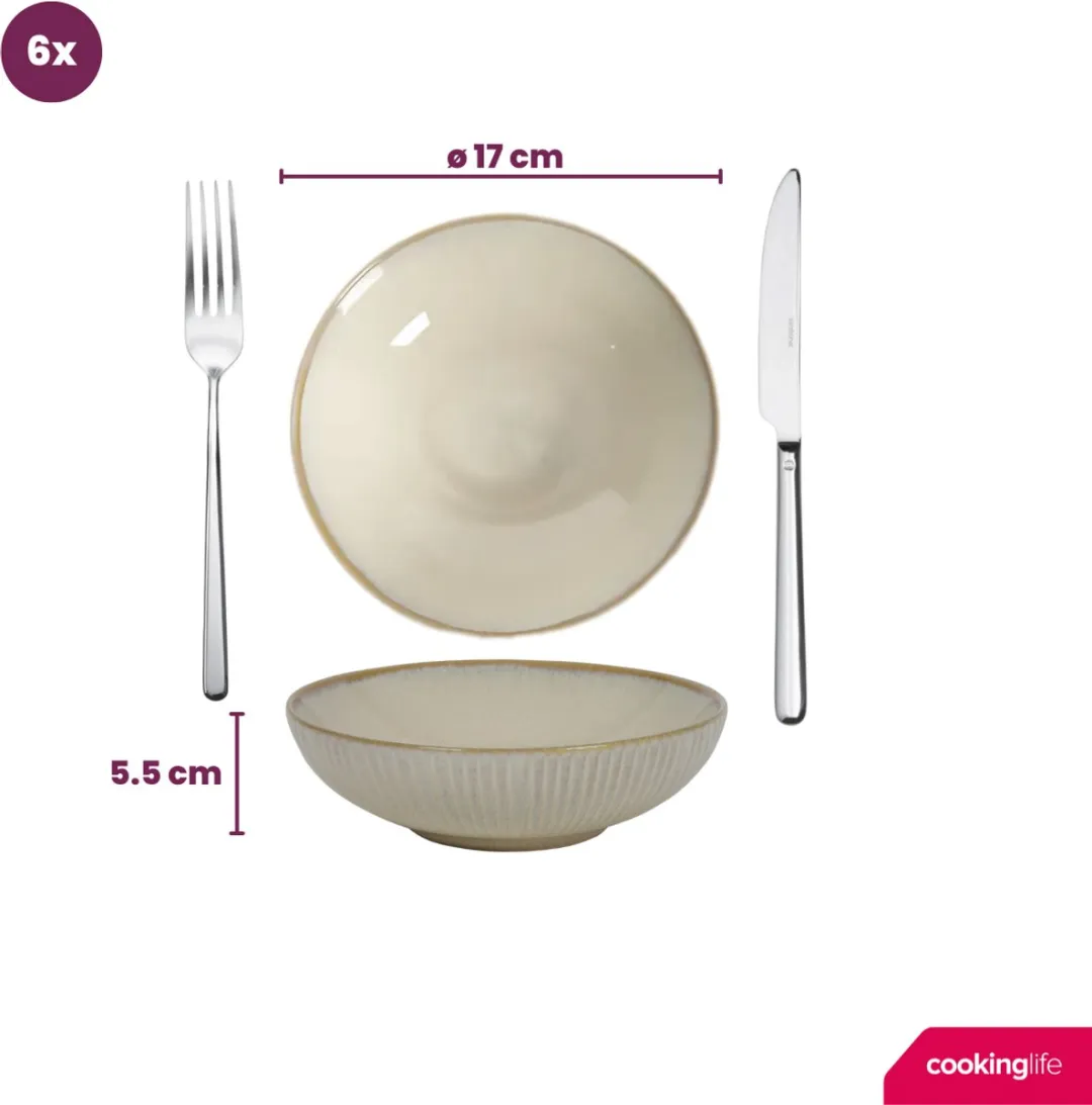 Cookinglife Diepe Bord Coastal Lines Ocean Beige - 6 Stuks ø 18cm