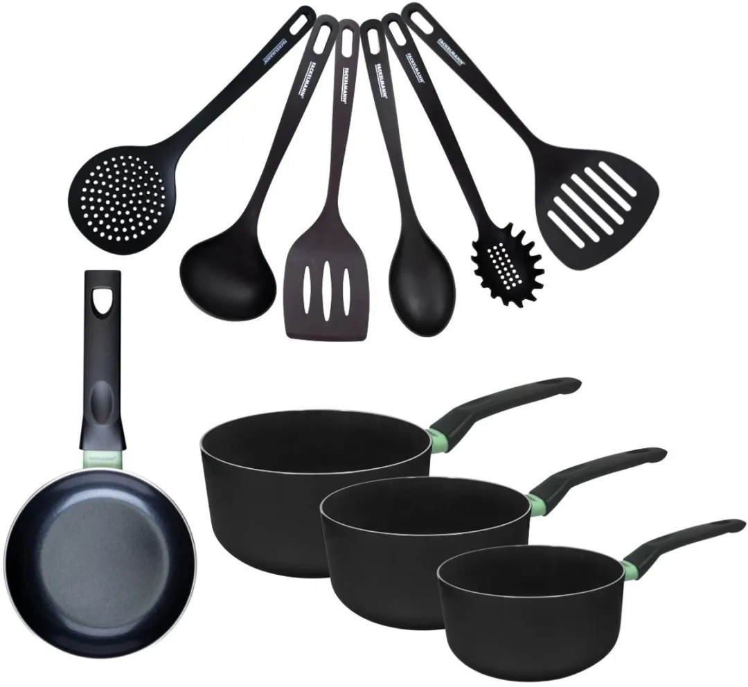 Fackelmann 9432350 Set Kookpannen 16-20cm - 3 Stuks + 6 Keukengerei - Zwart/ Groen