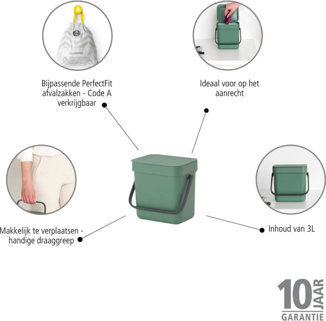 Brabantia Sort & Go Afvalbakje 3L - Fir Green - afbeelding 3 van 6