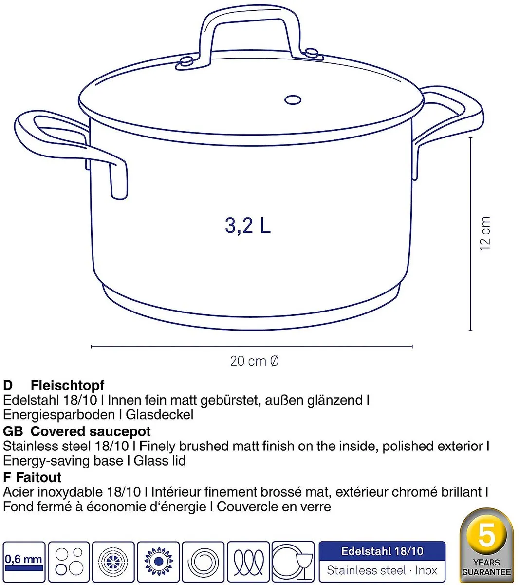 Kela RVS Kookpan 3,2L - 20cm - Zilver