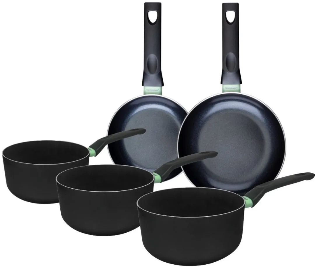 Fackelmann 9430550 Kookset - 2 Pannen + 3 Potten - Keramisch - PFAS-vrij - Zwart/Groen