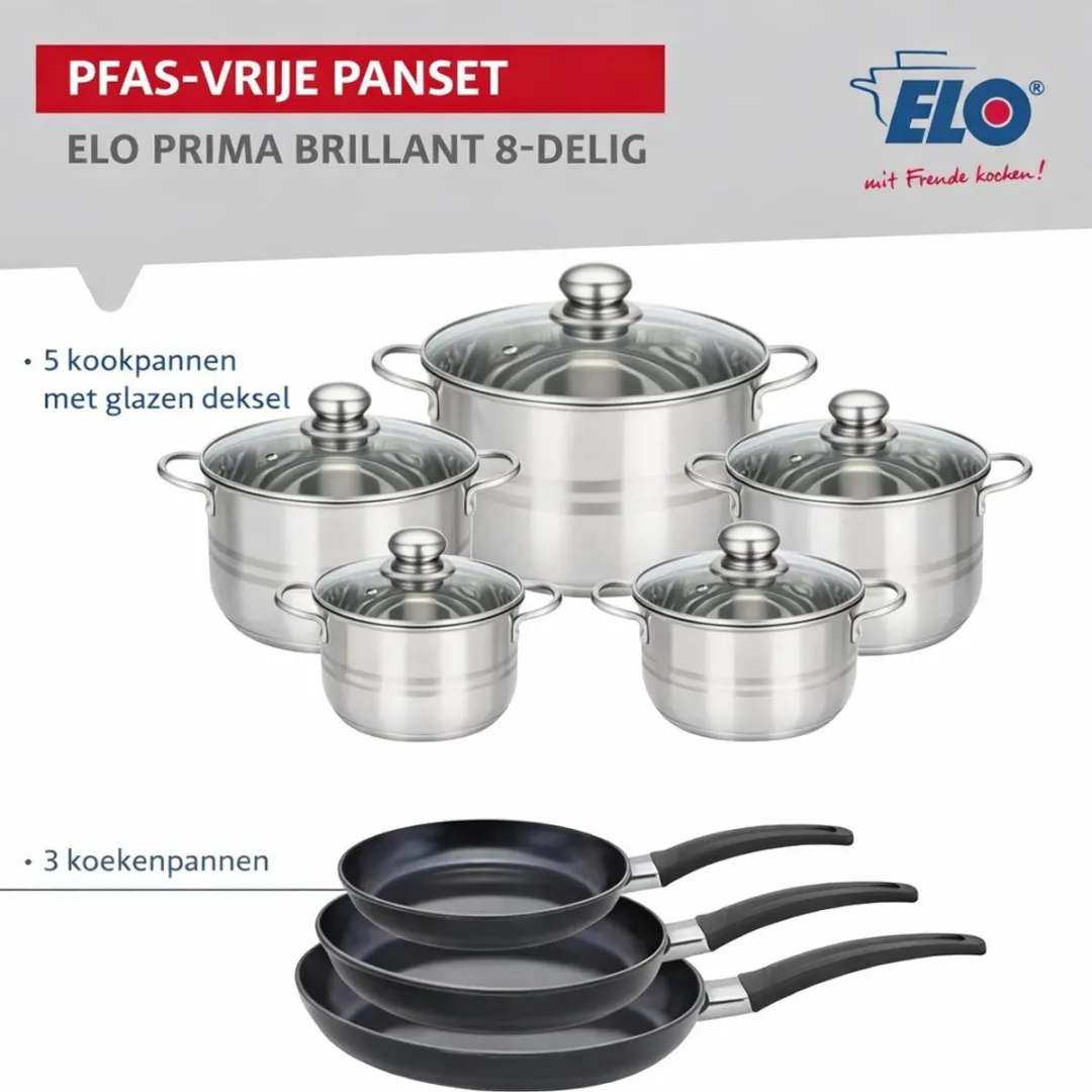 Fackelmann Elo 9749550 Keukenset 8-delig - 3 Koekenpannen & 5 Steelpannen - Roestvrij staal